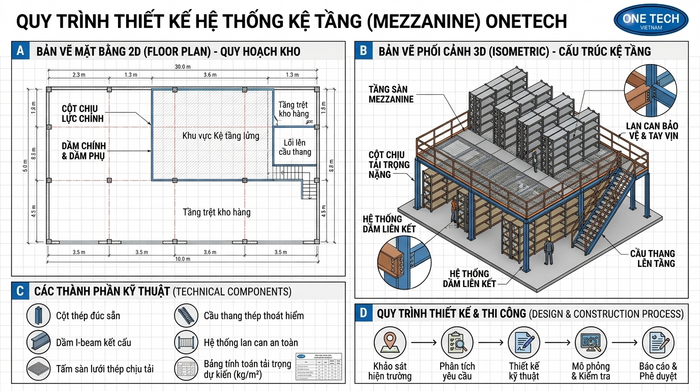 Bản vẽ thiết kế kệ sàn mezzanine 2D và 3D