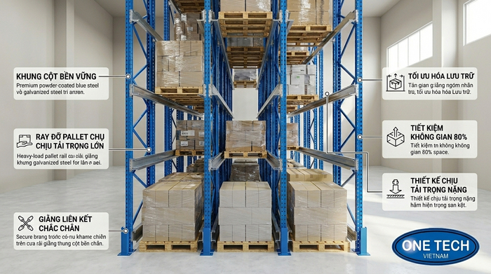Cấu tạo hệ thống kệ drive in công nghiệp Cấu tạo kệ drive in gồm khung cột ray đỡ pallet và giằng liên kết