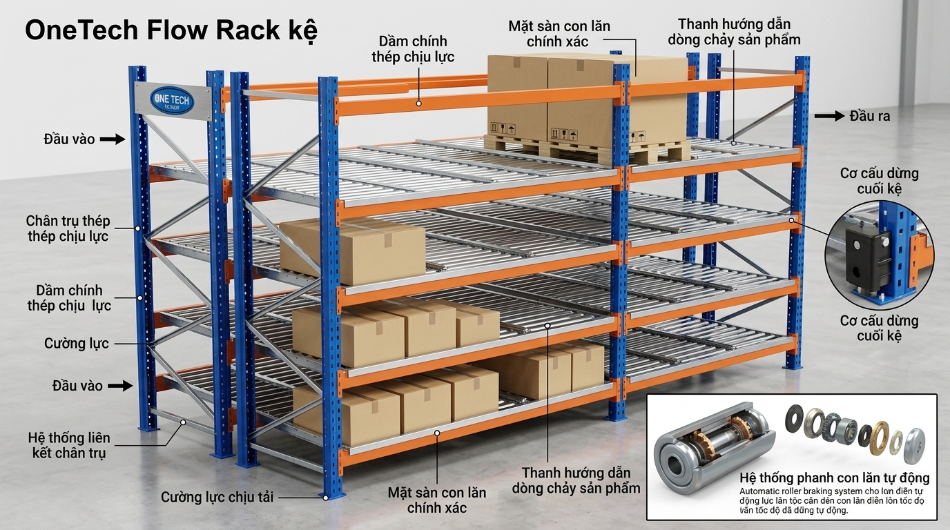 Cấu tạo kệ flowrack và các bộ phận chính của kệ con lăn Cấu tạo kệ flowrack và các bộ phận chính của kệ con lăn