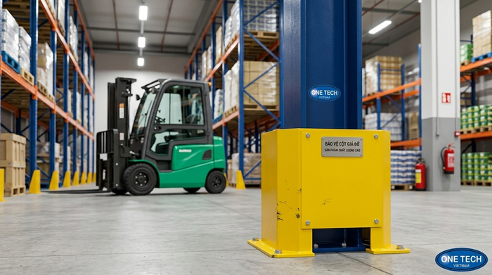 Bảo vệ chân trụ kệ drive in trong kho pallet Bảo vệ chân trụ kệ drive in giảm va chạm xe nâng