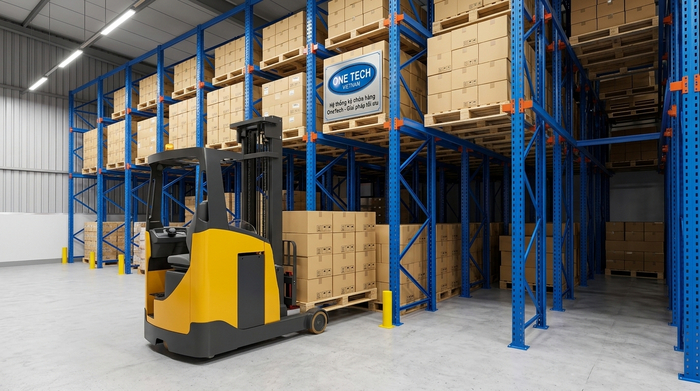 Xe nâng vận hành trong hệ thống kệ drive in Xe nâng di chuyển vào lòng kệ drive in trong kho pallet