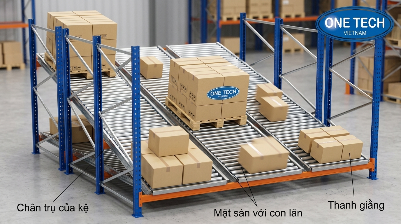 Kệ Flow racks Lào Cai với cơ chế con lăn tự trôi Kệ Flow racks Lào Cai với cơ chế con lăn tự trôi