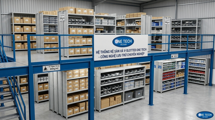 Kệ sàn mezzanine kết hợp kệ V lỗ để lưu hàng nhẹ