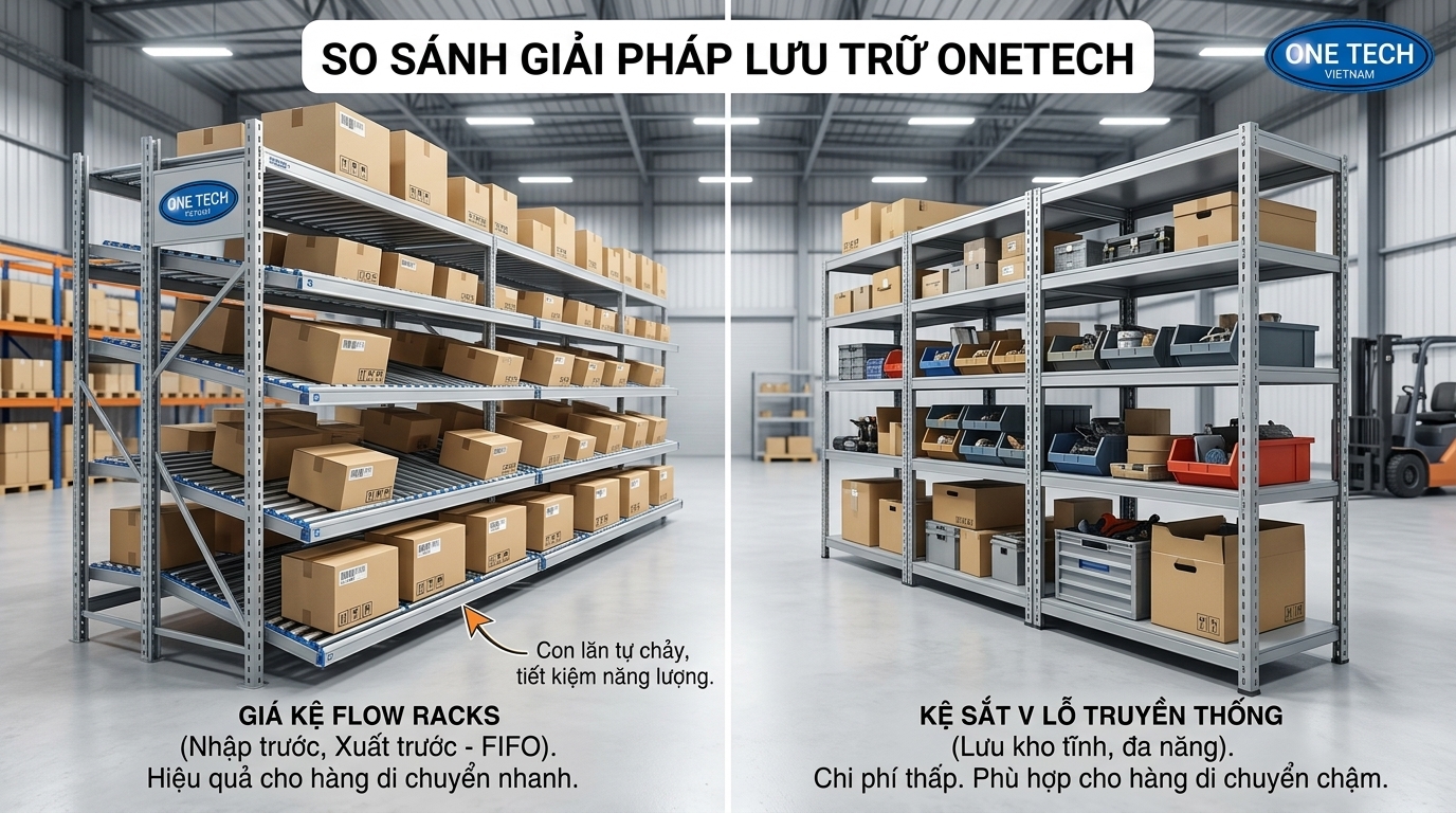 So sánh kệ Flowrack và kệ sắt thông thường trong kho hàng So sánh kệ Flowrack và kệ sắt thông thường trong kho hàng