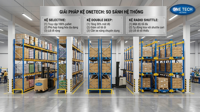 So sánh các hệ thống kệ pallet trong kho So sánh kệ Selective Double Deep và kệ Radio Shuttle