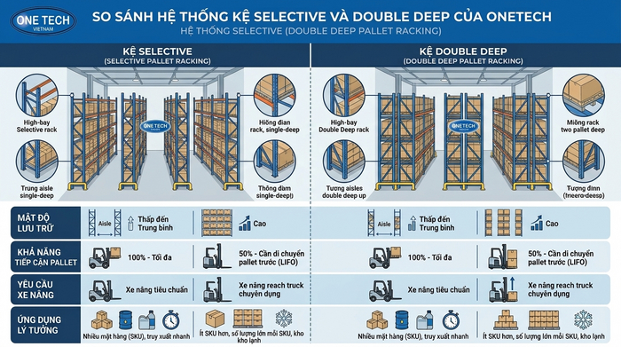 Bảng so sánh kệ Selective và kệ Double Deep cho kho pallet