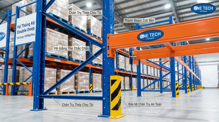 Cấu tạo kệ Double Deep gồm chân trụ thanh beam giằng và bảo vệ chân trụ