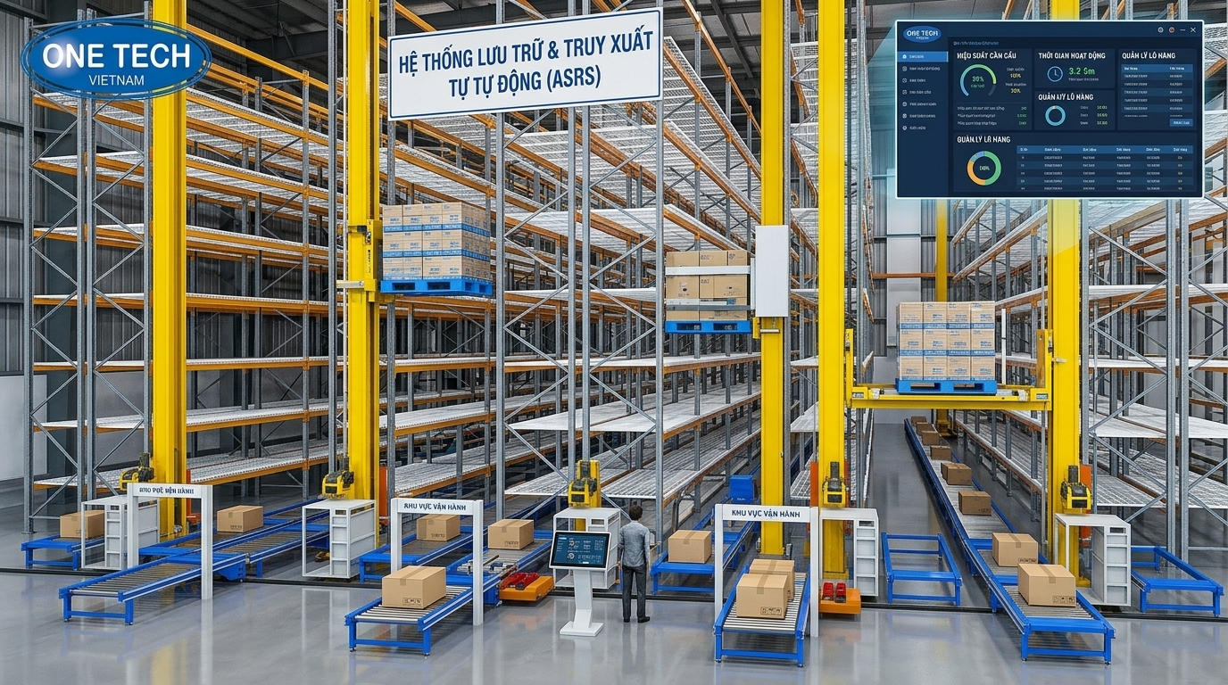 Cấu tạo kệ kho ASRS Lào Cai Cấu tạo hệ thống kệ kho ASRS gồm khung kệ, stacker crane, băng tải và phần mềm