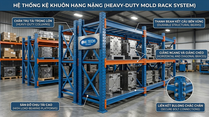 Cấu tạo kệ khuôn thép chịu lực gồm chân trụ beam giằng và sàn đỡ