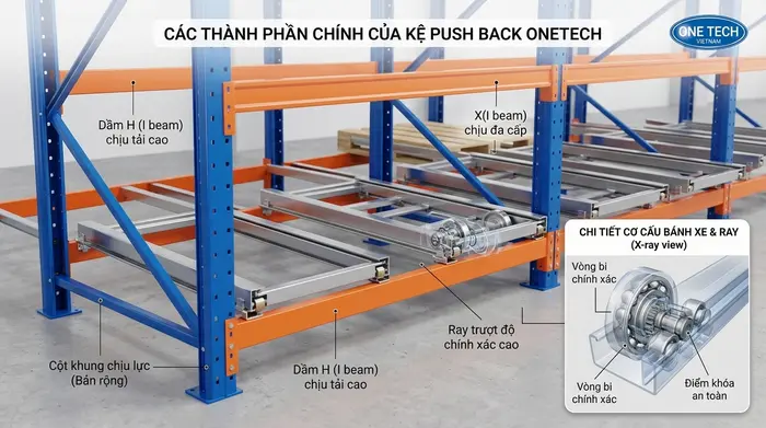 Cấu tạo kệ push back Lào Cai gồm khung cột beam ray trượt và xe con