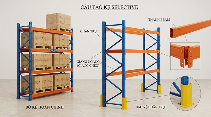 Cấu tạo kệ Selective pallet racking Cấu tạo kệ Selective pallet racking gồm chân trụ thanh beam giằng và bảo vệ chân trụ