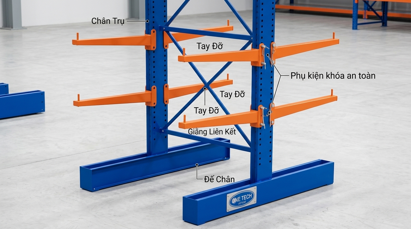 Cấu tạo kệ tay đỡ Lào Cai Cấu tạo kệ tay đỡ gồm chân trụ tay đỡ và giằng liên kết