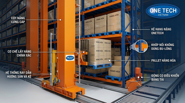 Cấu tạo Stacker-Crane trong kho tự động Cấu tạo Stacker-Crane gồm cột nâng, ray dẫn hướng và cơ cấu lấy hàng