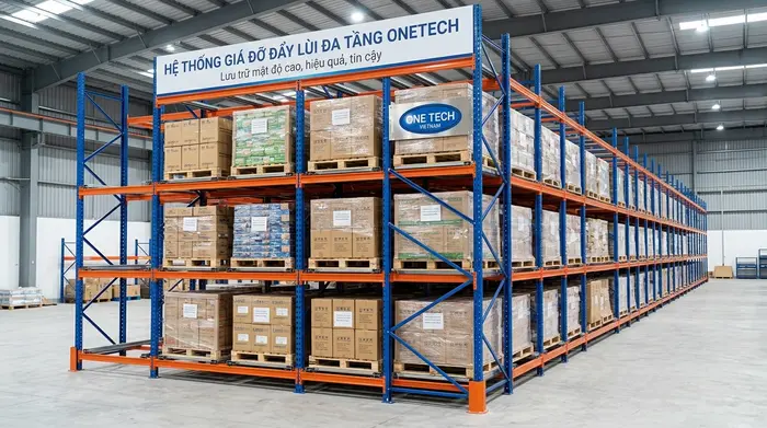 Kệ đẩy lùi đa cấp giúp lưu trữ nhiều pallet theo chiều sâu