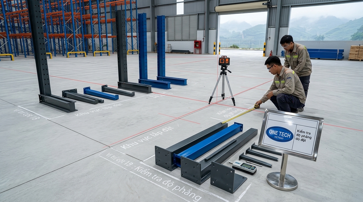 Kiểm tra nền kho trước khi lắp kệ tay đỡ Kiểm tra nền kho trước khi lắp kệ tay đỡ tại Lào Cai