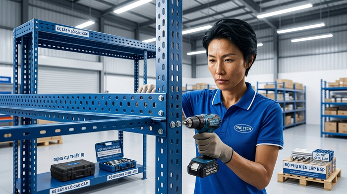 Lắp đặt kệ sắt v lỗ tận nơi cho khách hàng