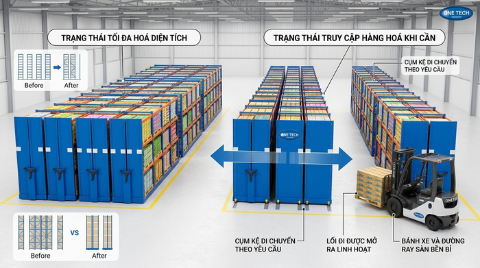 Nguyên lý hoạt động của kệ Mobile Rack trong kho hàng Lào Cai