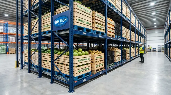 Pallet hàng nông sản đặt trên kệ push back trong kho Lào Cai
