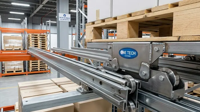Ray trượt và xe con của hệ kệ push back chứa pallet