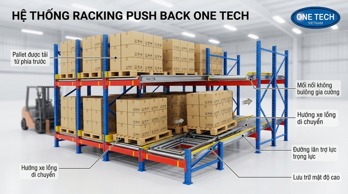 Kệ Push Back trượt tự động Mô hình hoạt động của kệ Push Back