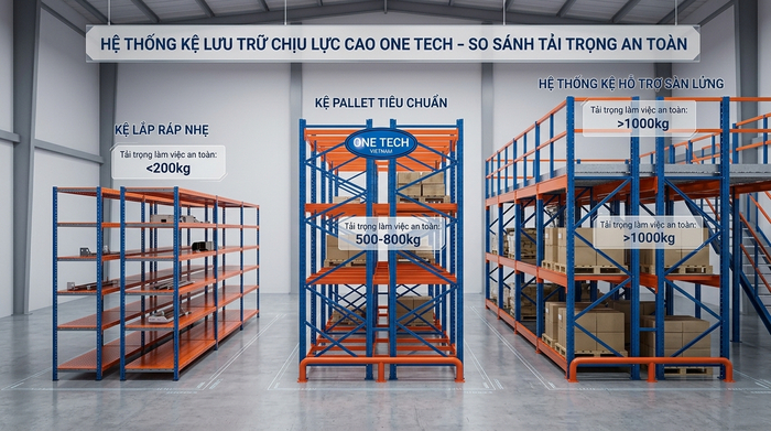 Tiêu chuẩn tải trọng kệ công nghiệp Biểu đồ so sánh tải trọng các loại kệ kho hàng