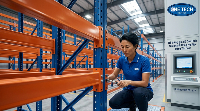 Lắp đặt kệ kho chuyên nghiệp Kỹ thuật viên OneTech đang lắp đặt kệ kho