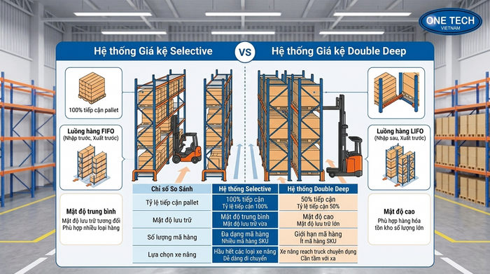 Sơ đồ so sánh kệ Double Deep và kệ Selective trong kho hàng