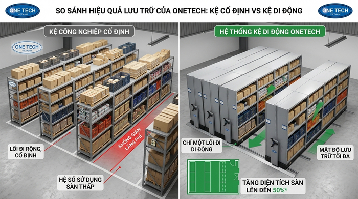 So sánh kệ cố định và kệ kho di động Lào Cai theo diện tích lưu trữ