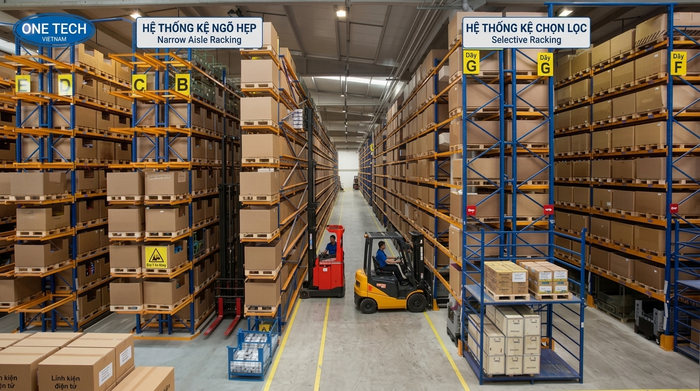 So sánh kệ Narrow Aisle với kệ Selective So sánh kệ Narrow Aisle và kệ Selective trong kho hàng