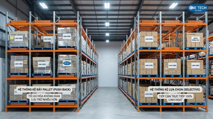 So sánh kệ push back và kệ selective trong kho pallet