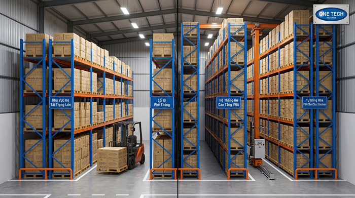 So sánh mật độ lưu trữ kho thường và kho tự động So sánh kho dùng xe nâng thường và kho dùng Stacker-Crane