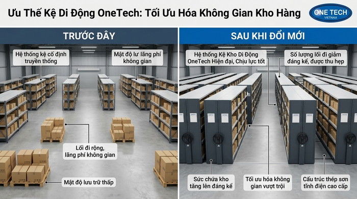 So sánh kho trước và sau khi lắp kệ kho di động Lào Cai
