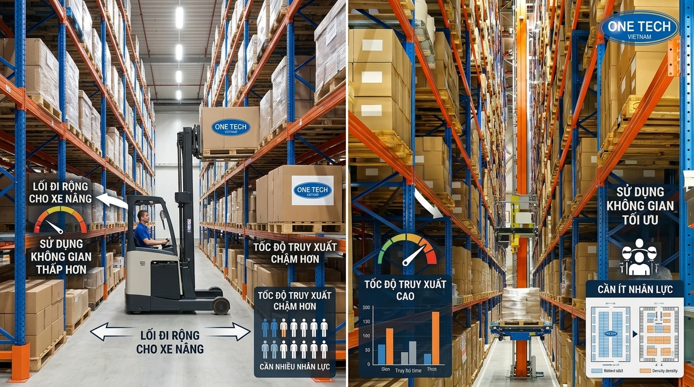 So sánh kệ kho ASRS và kho truyền thống So sánh kho truyền thống và kệ kho ASRS về diện tích, tốc độ lấy hàng, nhân công