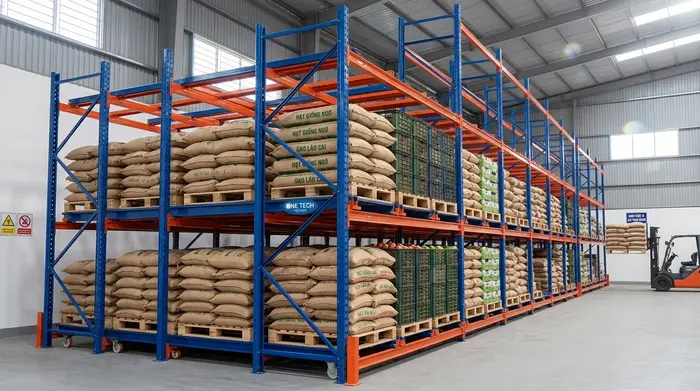 Kệ push back Lào Cai lưu trữ pallet nông sản theo lô