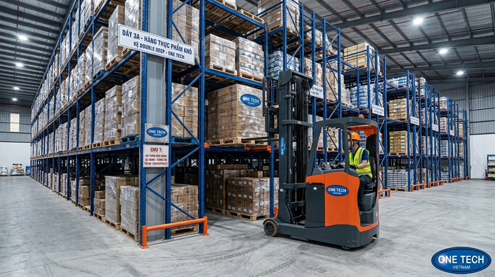 Xe nâng vận hành với hệ thống kệ Double Deep trong kho công nghiệp