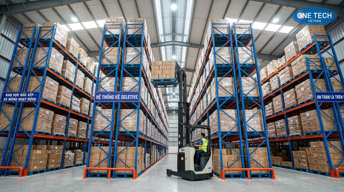 Xe nâng vận hành trong hệ kệ Selective Xe nâng vận hành trong hệ kệ Selective pallet racking tại kho hàng
