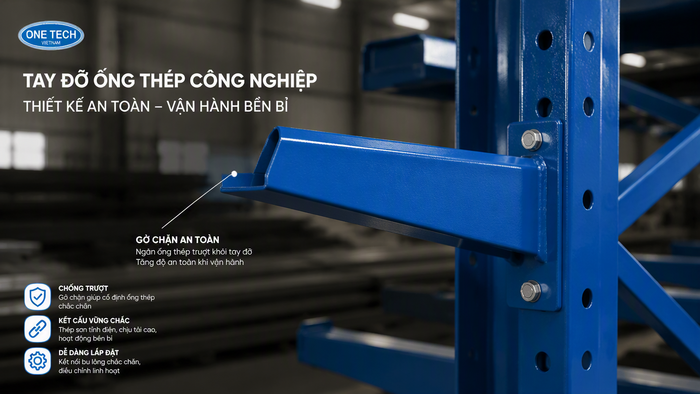 Tay đỡ kệ thép ống có chốt chặn Chi tiết tay đỡ kệ để ống thép có chốt chặn an toàn
