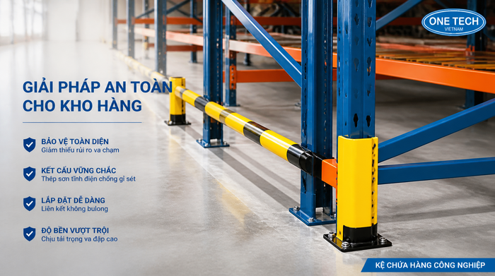 Phụ kiện an toàn kệ kho logistics Phụ kiện an toàn cho kệ kho logistics gồm rào chắn và bảo vệ chân trụ