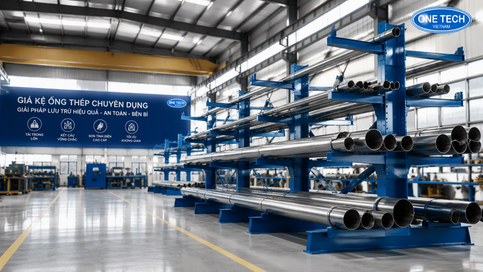 Kệ để ống thép OneTech sản xuất theo yêu cầu Sản xuất kệ để ống thép tại nhà máy của OneTech