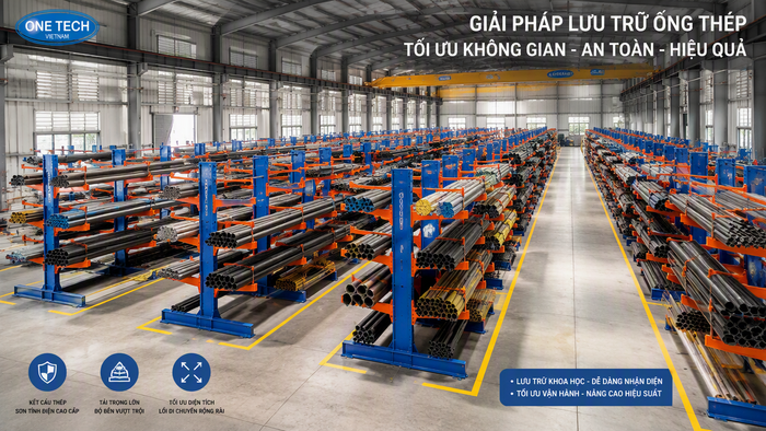 Bố trí kệ để ống thép tối ưu mật độ lưu trữ Sơ đồ bố trí kệ để ống thép trong kho giúp tối ưu lối đi