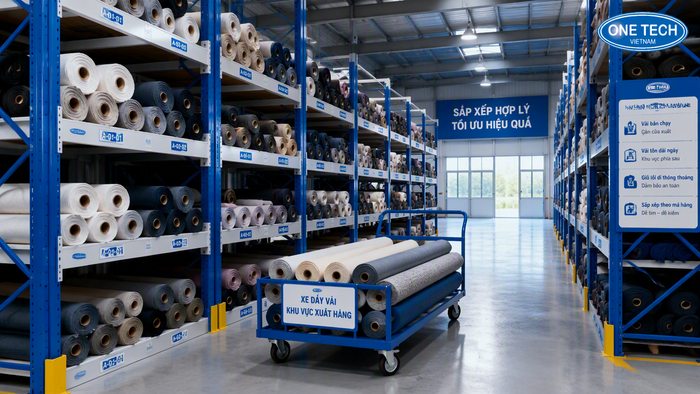 Bố trí lối đi phù hợp cho xe đẩy vải trong kho Xe đẩy vải và lối đi trong kho kệ để vải