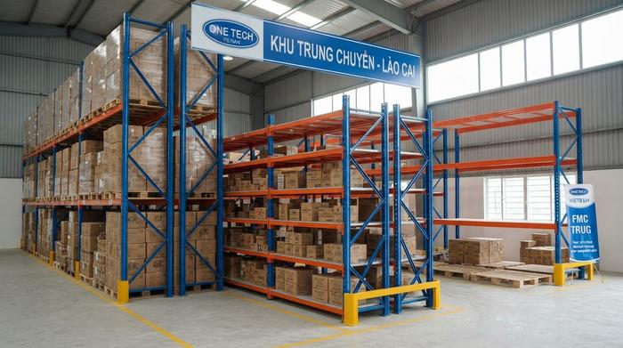 Ứng dụng kệ kho FMCG tại kho trung chuyển Lào Cai Kệ kho FMCG Lào Cai trong kho trung chuyển gần khu vực cửa khẩu